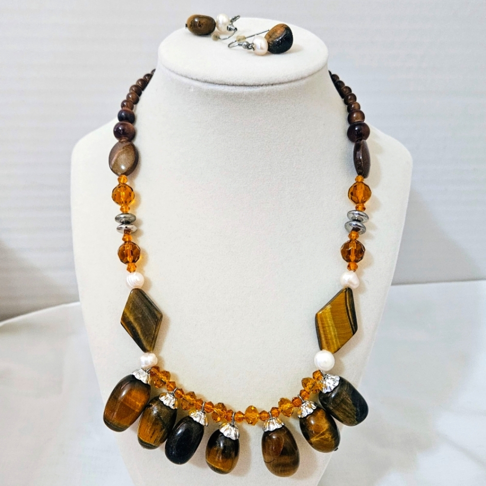Elegant Tigers Eye and Gold And Silver Tone Necklace Set With Earrings